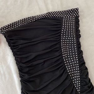 Black strapless bodycon ruched detail dress with rhinestones